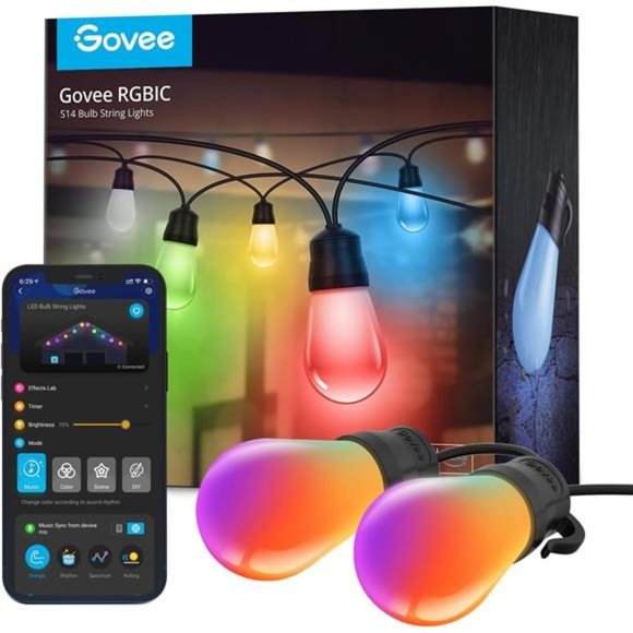 Outdoor String Lights H7015 with 15Dimmable RGBIC LED Bulbs,48ft IP65 Waterproof - Picture 1 of 6